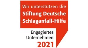 Logo der Stiftung Deutsche Schlaganfall-Hilfe mit dem Text "Engagiertes Unternehmen 2021".